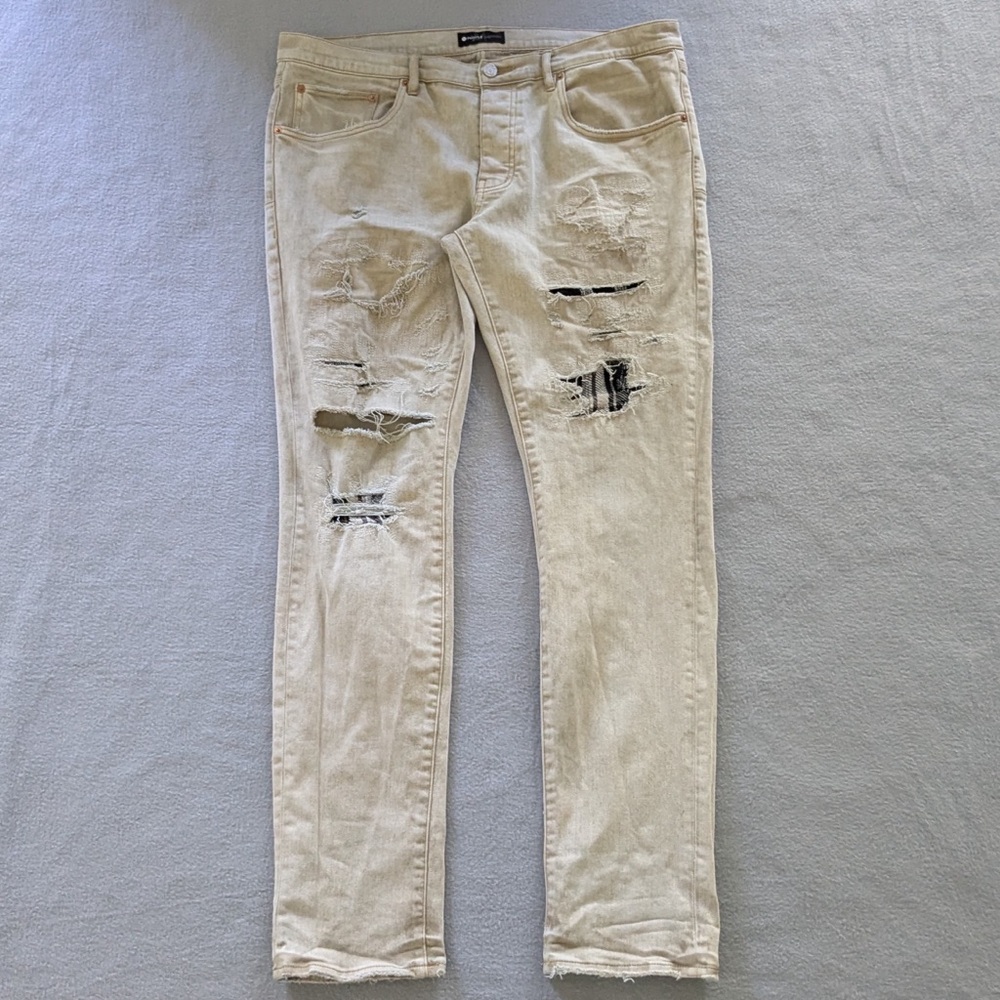 Purple Brand P001 Slim Fit Low Rise Jeans Men's Size 36x33Tan Distressed Repair